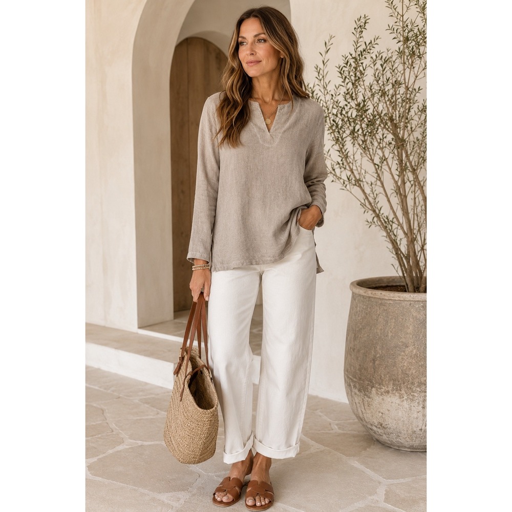 Earthbound Trading Co Tunic Women Medium Taupe Cotton Boho Linen Look Split Neck